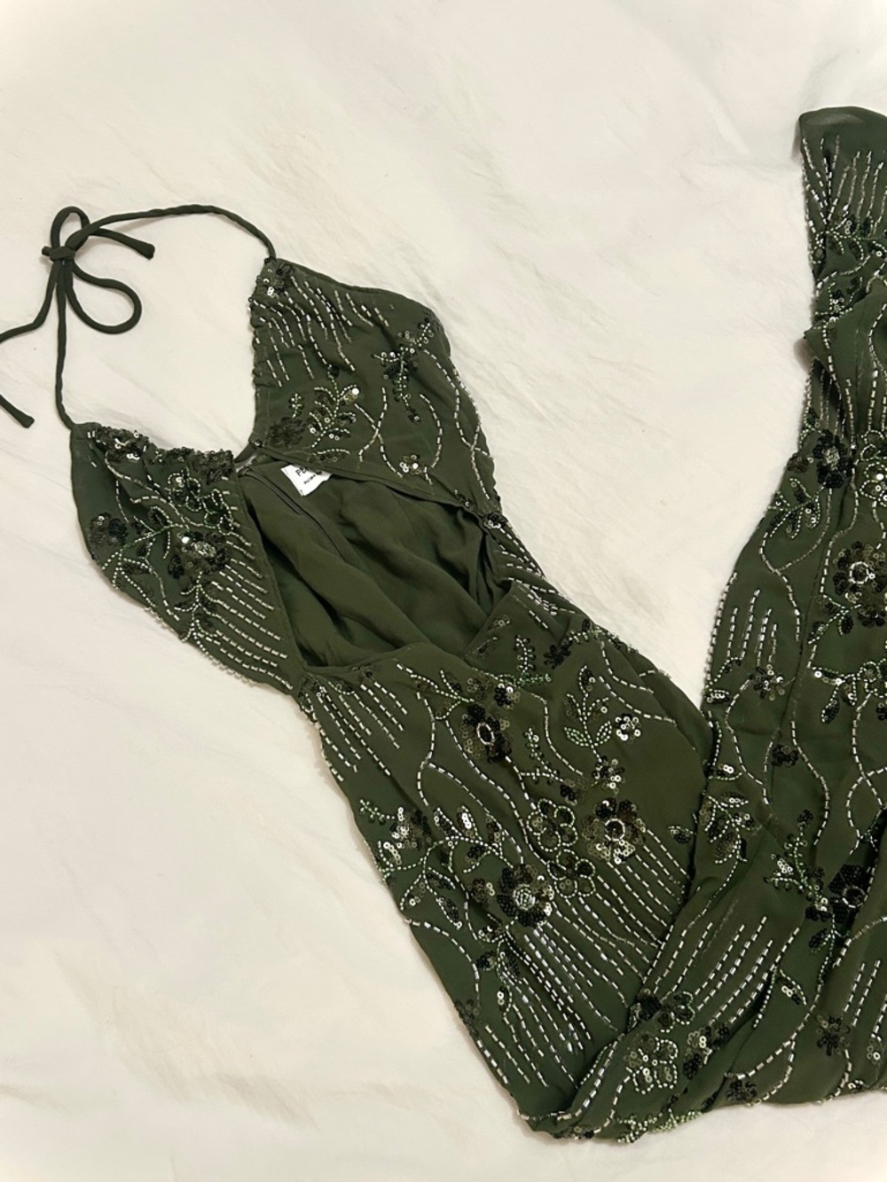 Olive Green Beaded Halter Evening Dress - Picture 3 of 5